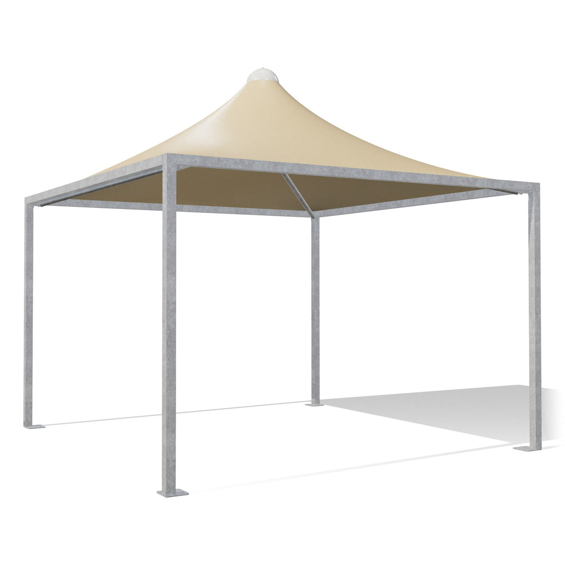 Gazebo 4x4 robusto Airone Minimax zincato con tetto a punta e telo beige RAL 1014, vista 3D di tre quarti