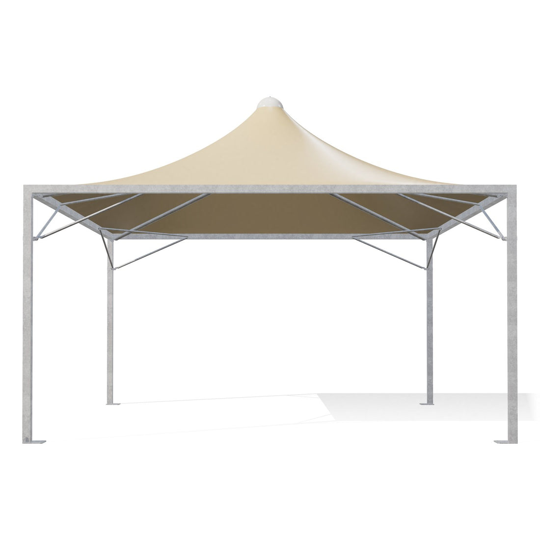 Gazebo 5x5 Airone Minimax con montanti quadri 80×80 in acciaio zincato, telo beige RAL 1014, vista frontale