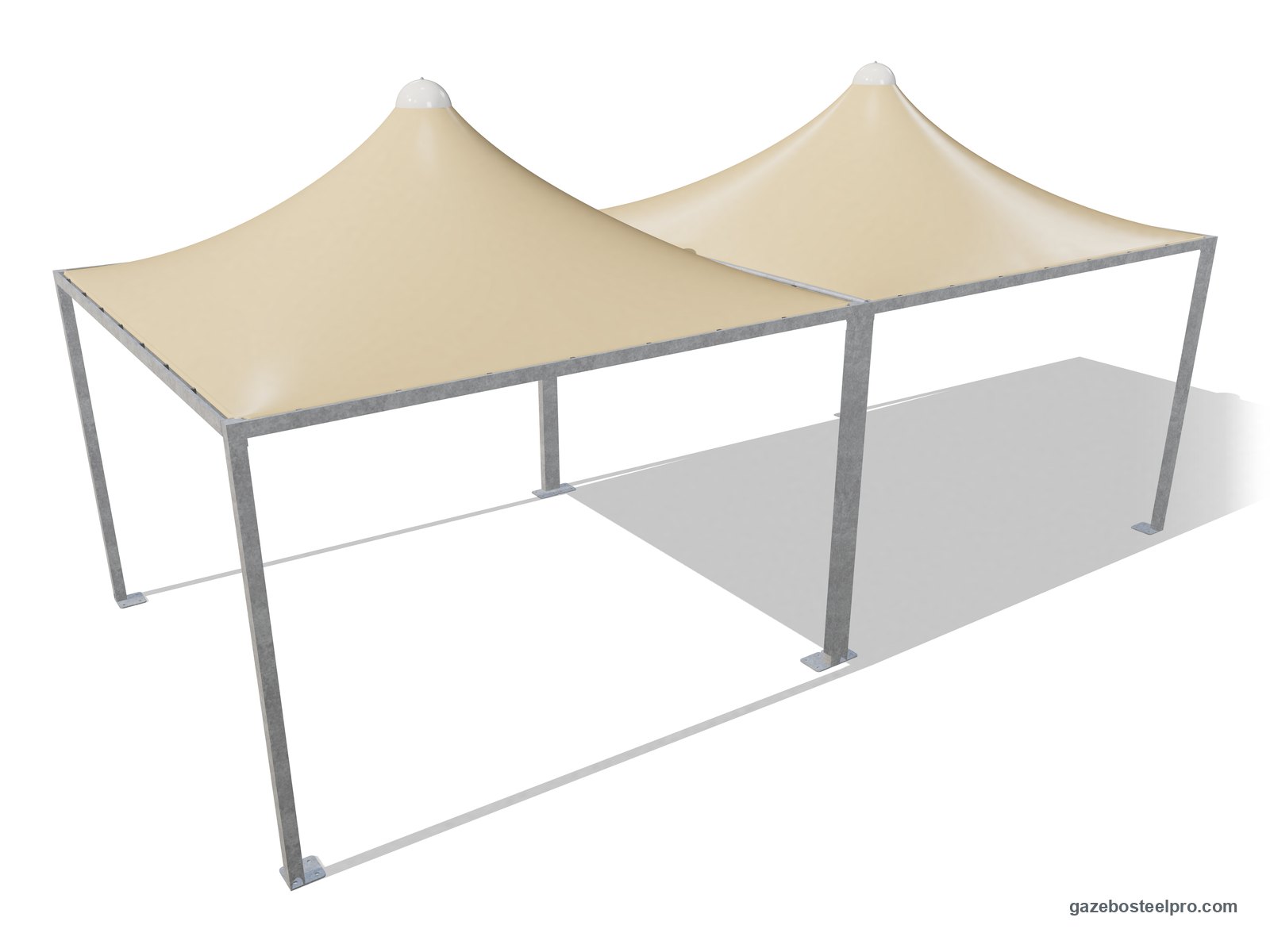 Due gazebo Airone Minimax 4x4 affiancati trave contro trave: 8 × 4 m coperti, due tetti a punta beige