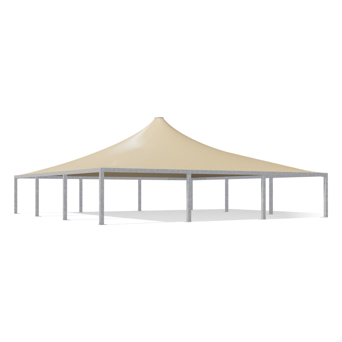 Gazebo 15x15 Airone Max Pesante zincato con tetto a punta e telo beige RAL 1014, vista 3D di tre quarti