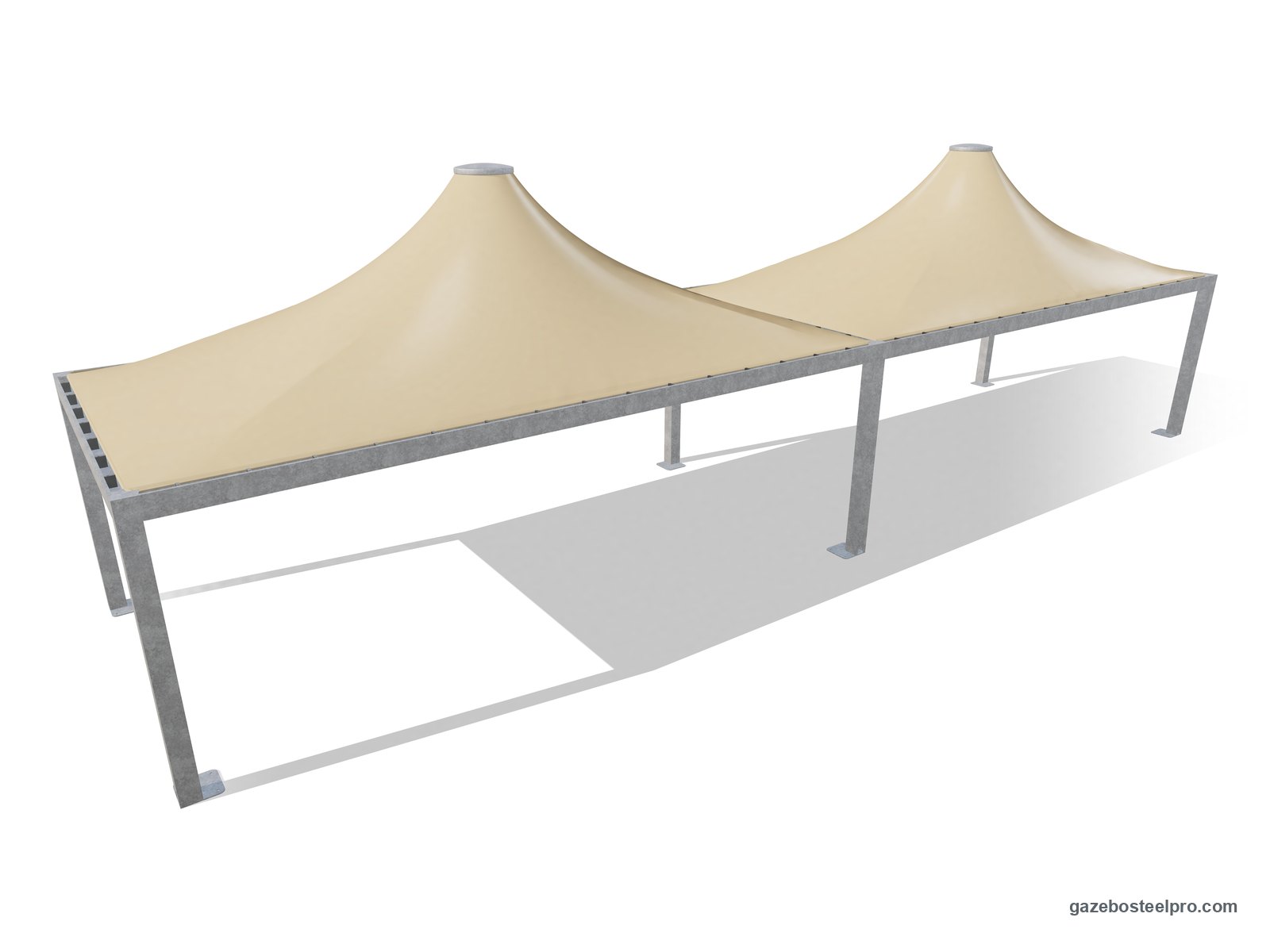 Due gazebo 4x8 Airone Max Pesante affiancati con montanti e trave in comune: 16 × 4 m coperti
