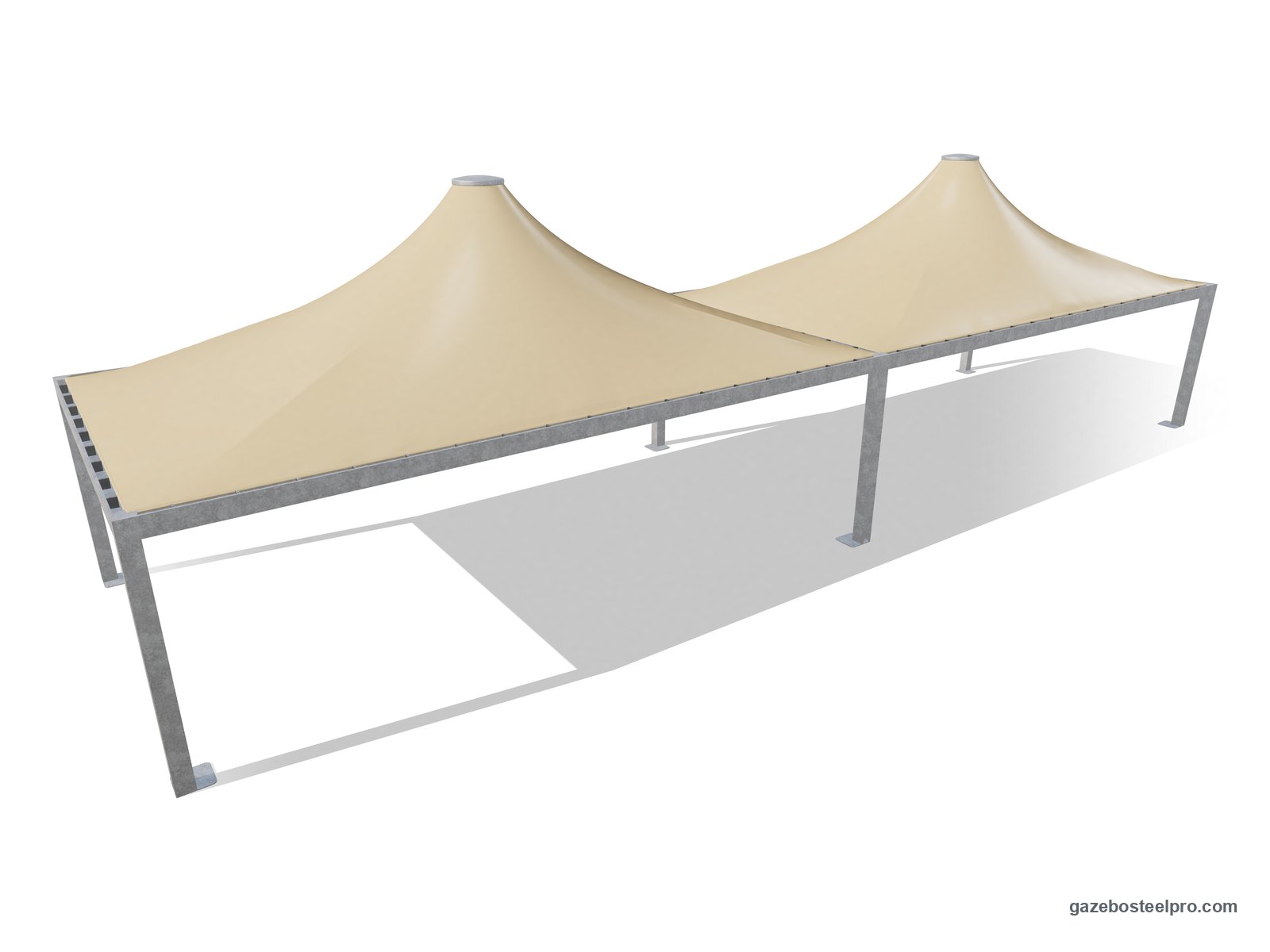 Due gazebo 5x9 Airone Max Pesante affiancati con montanti e trave in comune: 18 × 5 m coperti