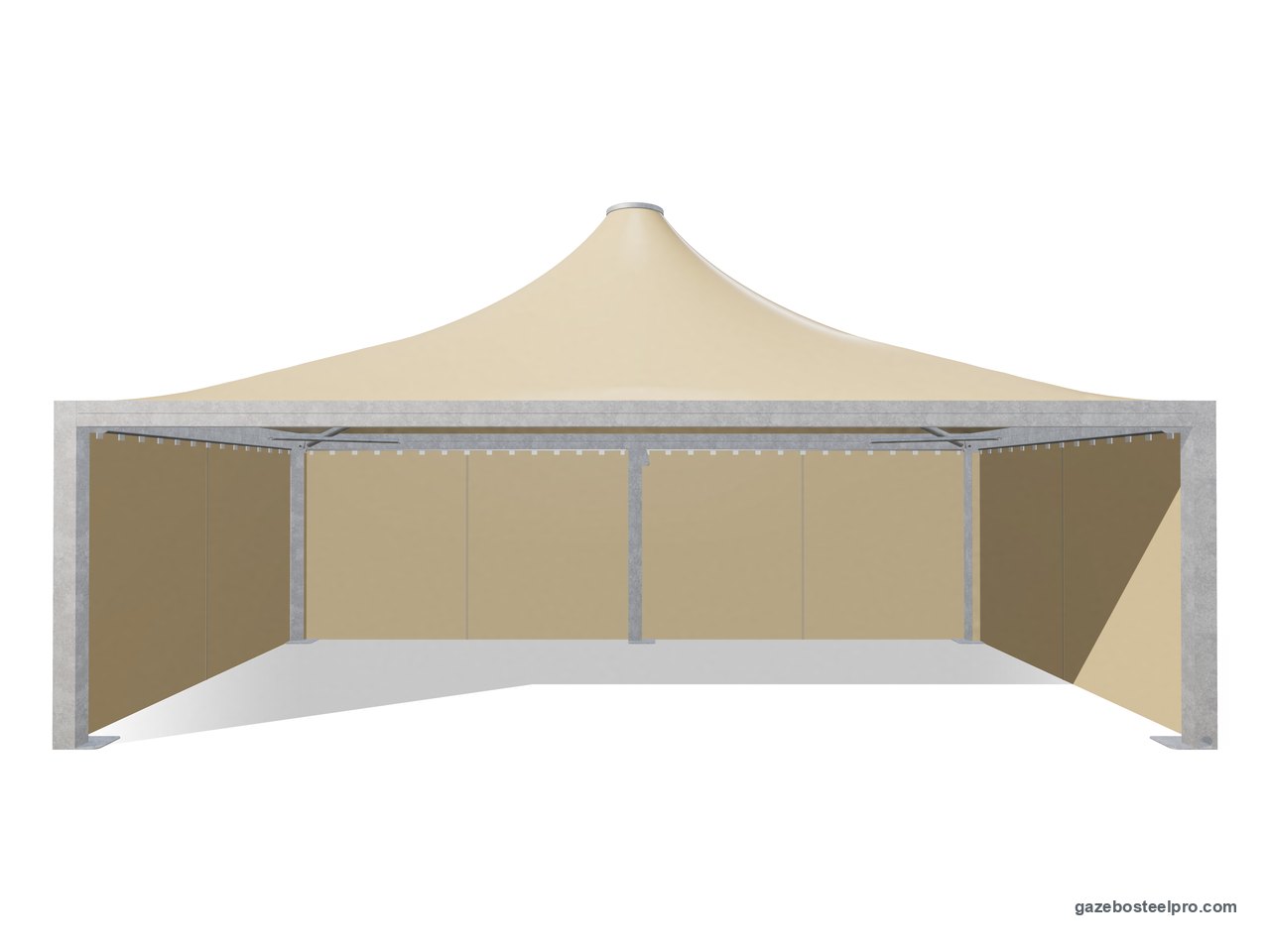 Gazebo 5x9 Airone Max Pesante con i laterali scorrevoli in PVC beige su tre lati, fronte aperto