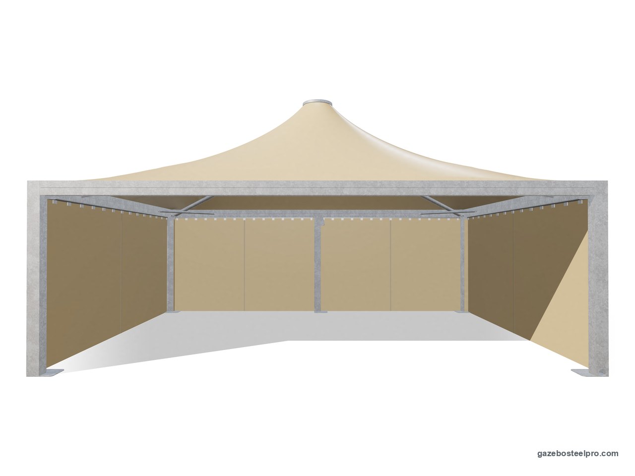 Gazebo 6x8 Airone Max Pesante con i laterali scorrevoli in PVC beige su tre lati, fronte aperto
