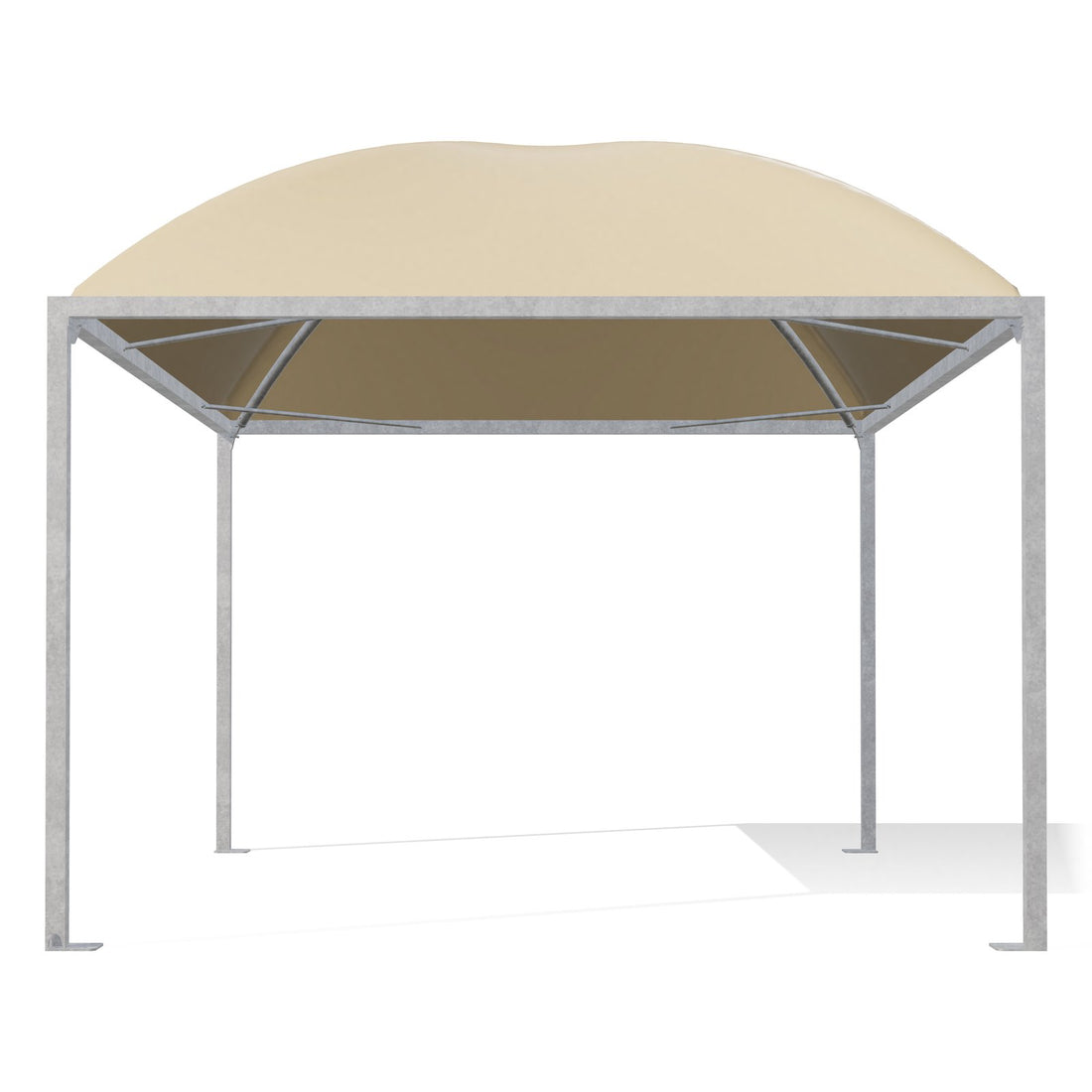 Gazebo 4x5 Cicogna Minimax di fronte: montanti 80×80 zincati e i due archi incrociati sotto il telo beige RAL 1014