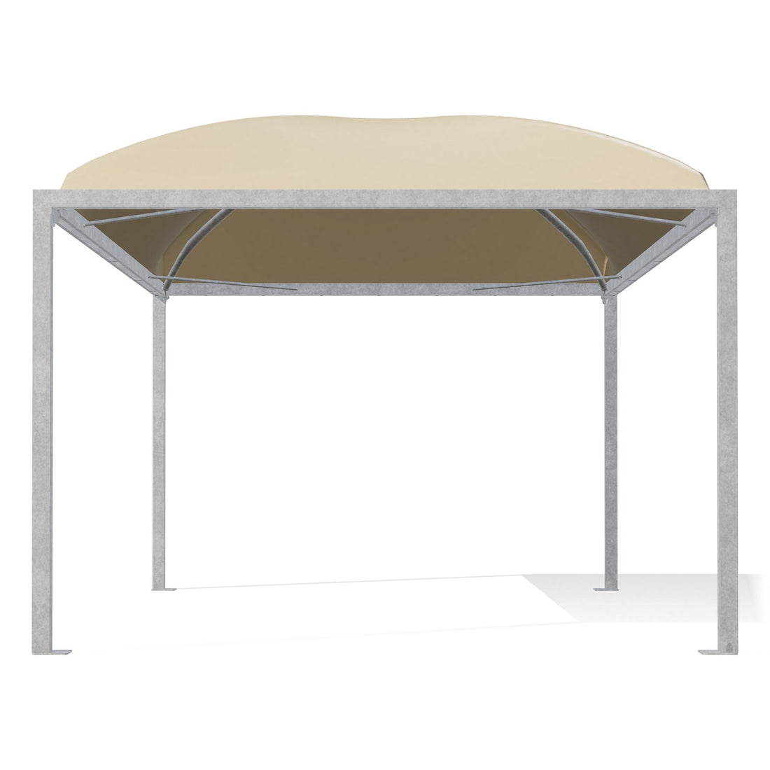 Gazebo 4x6 Cicogna Middle di fronte: montanti 100×100 zincati e i due archi incrociati sotto il telo beige RAL 1014