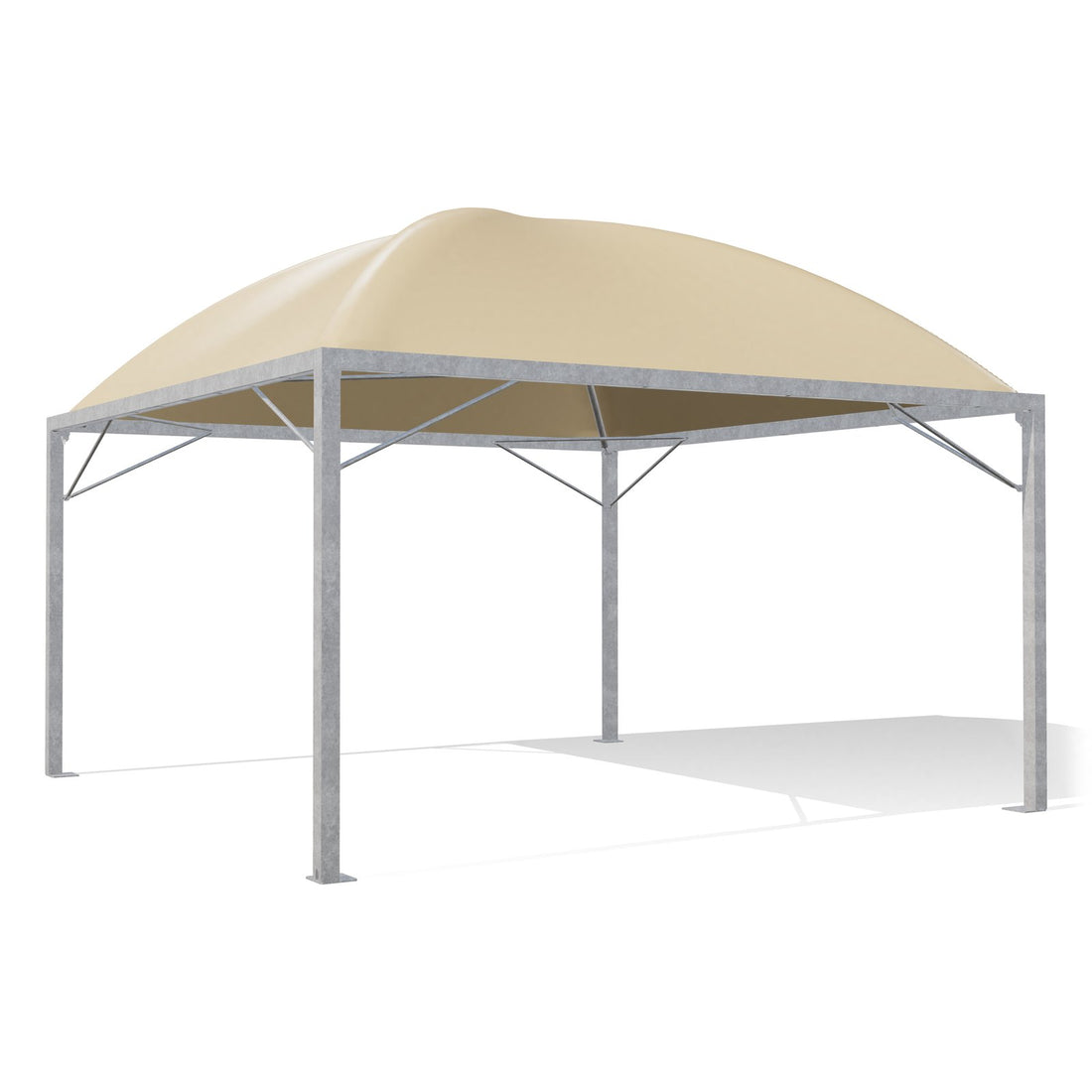 Gazebo 5x5 Cicogna Middle zincato, tetto a cupola con telo beige RAL 1014 e controventature, vista 3D di tre quarti