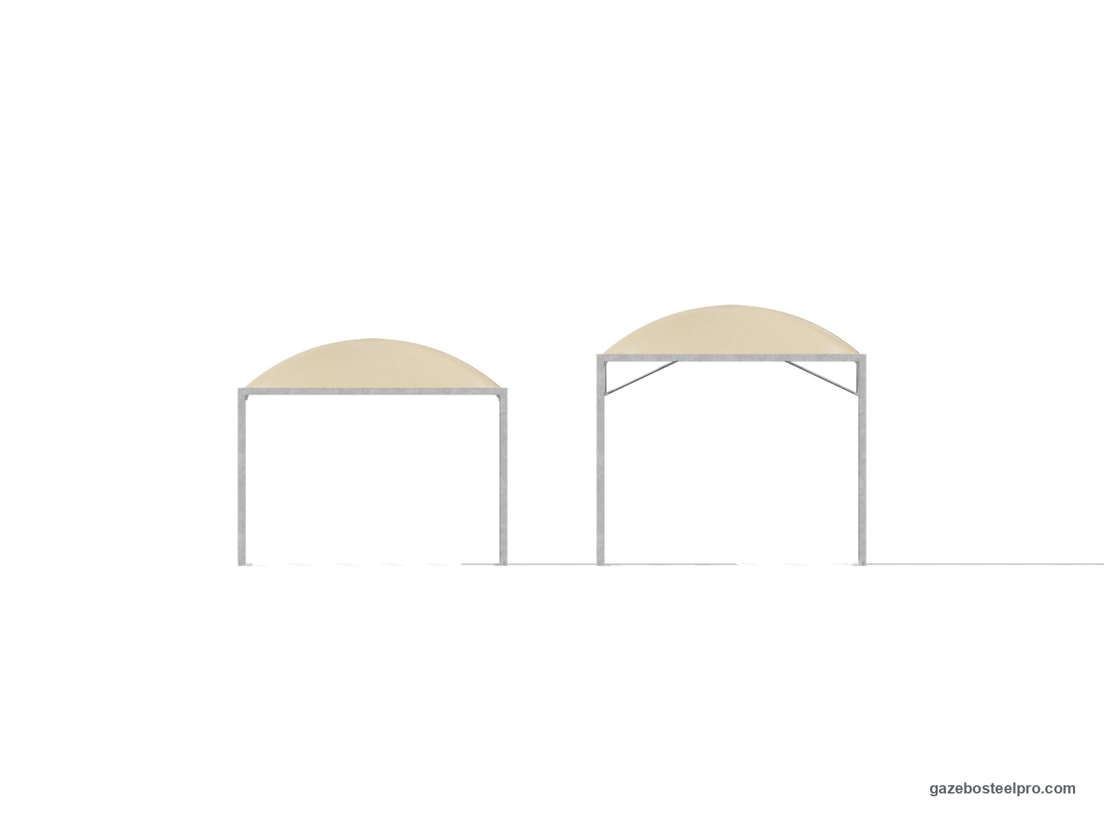 Lo stesso gazebo Cicogna Middle 4x4 in prospetto a 2,50 m e a 3,00 m sotto la trave, con il tetto a cupola beige