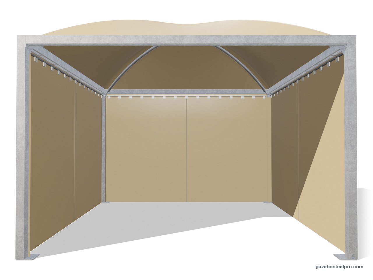 Gazebo Cicogna Middle con i laterali scorrevoli in PVC beige su tre lati, fronte aperto