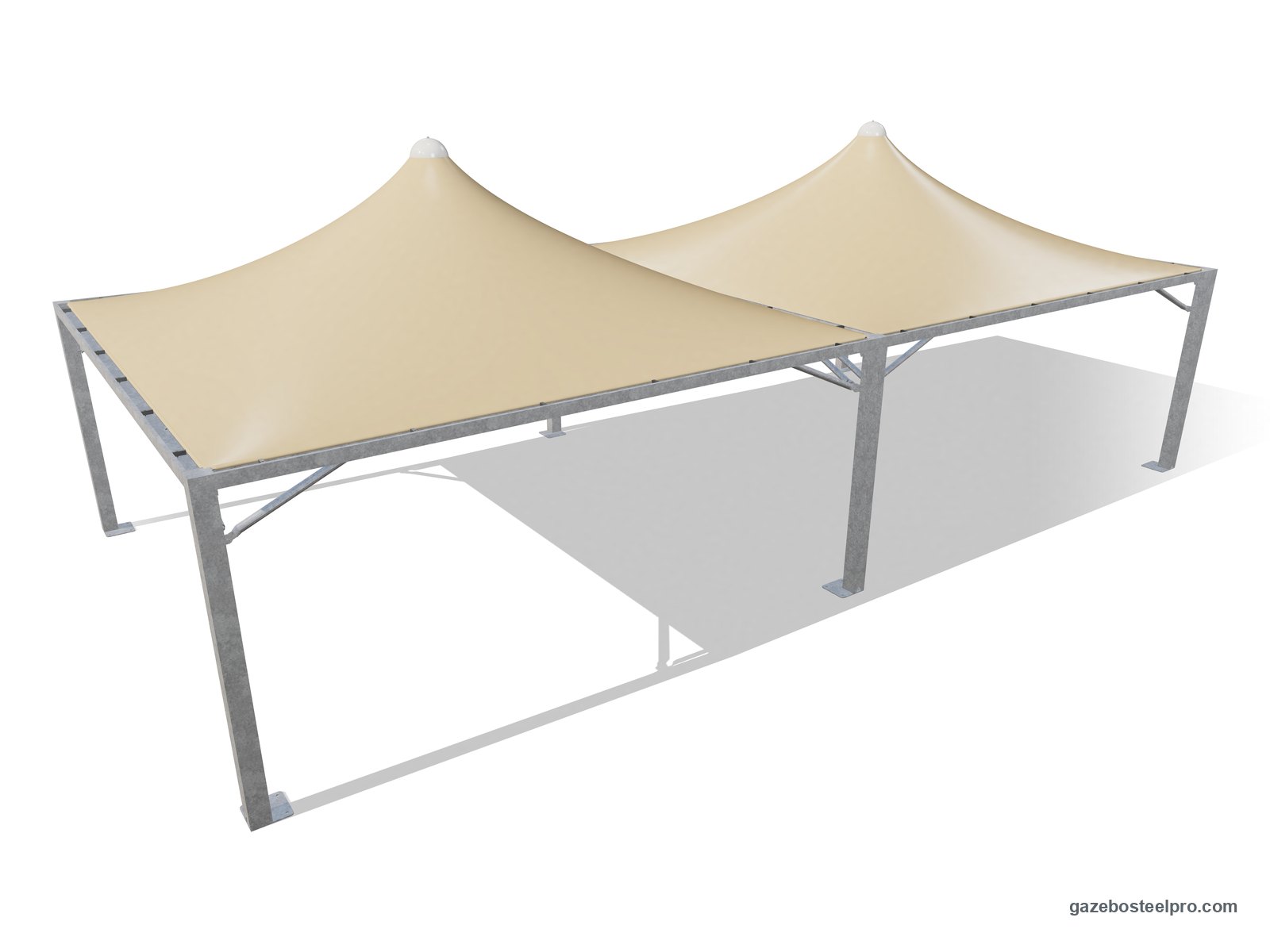 Due gazebo 6x6 Airone Max Leggero affiancati sul lato da 6 m, con montanti e trave in comune, due tetti a punta beige