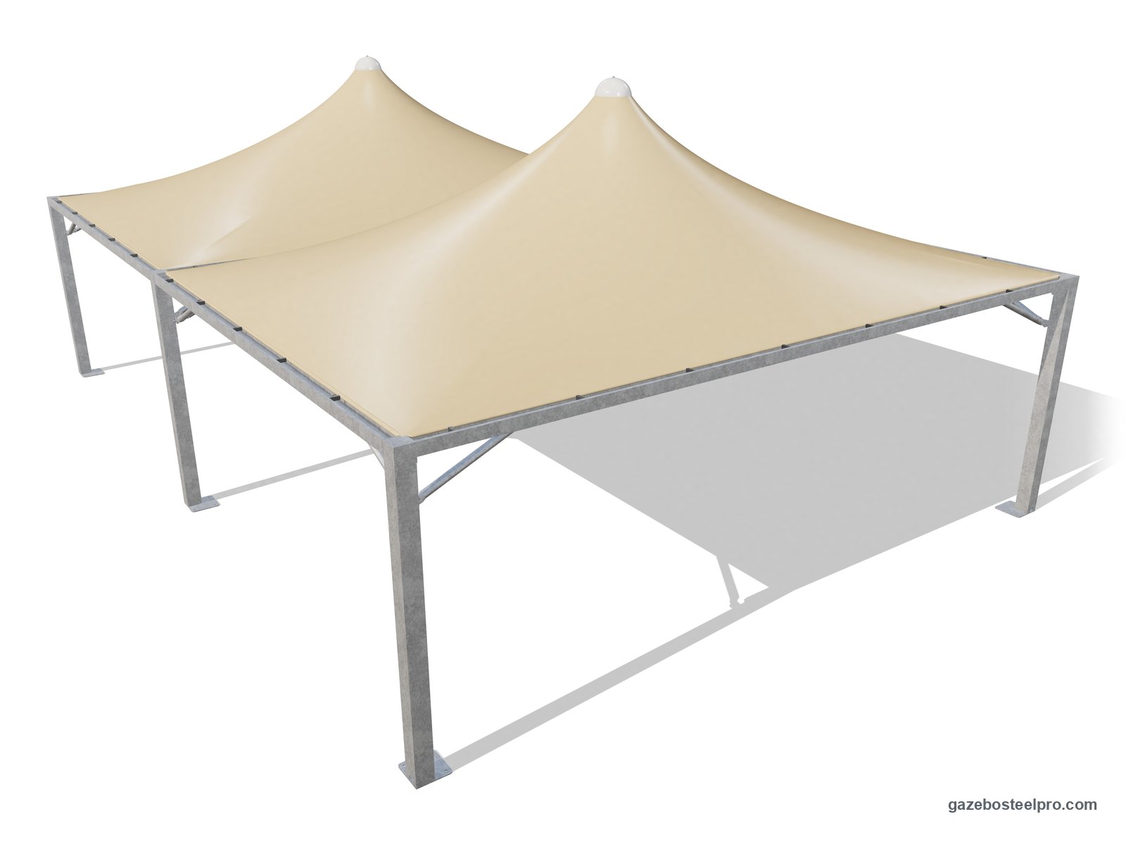 Due gazebo 7,5x5,5 Airone Max Leggero affiancati sul lato da 7,50 m, con montanti e trave in comune, due tetti a punta beige