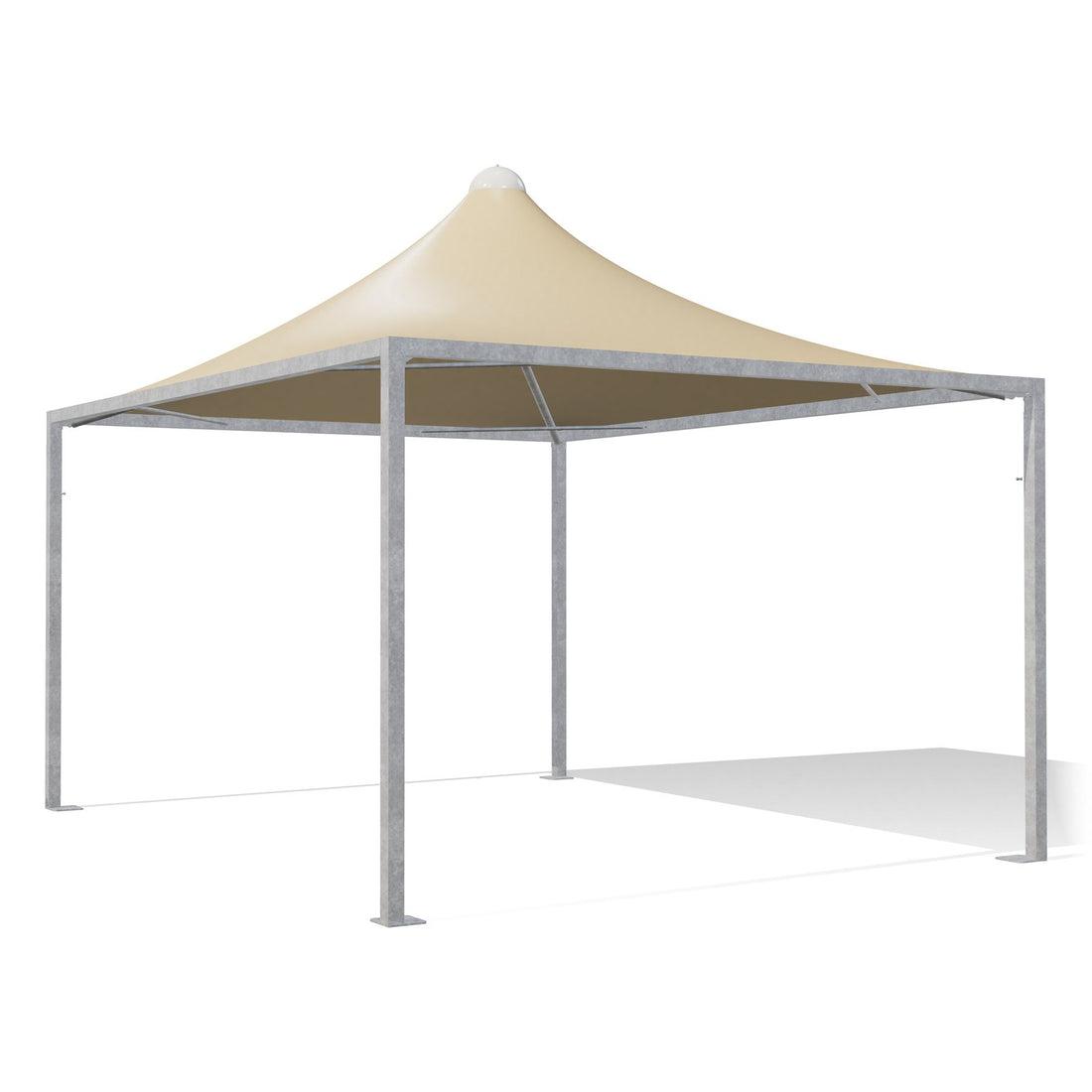 Gazebo 4x5 Airone Minimax zincato con tetto a punta e telo beige RAL 1014, vista 3D di tre quarti