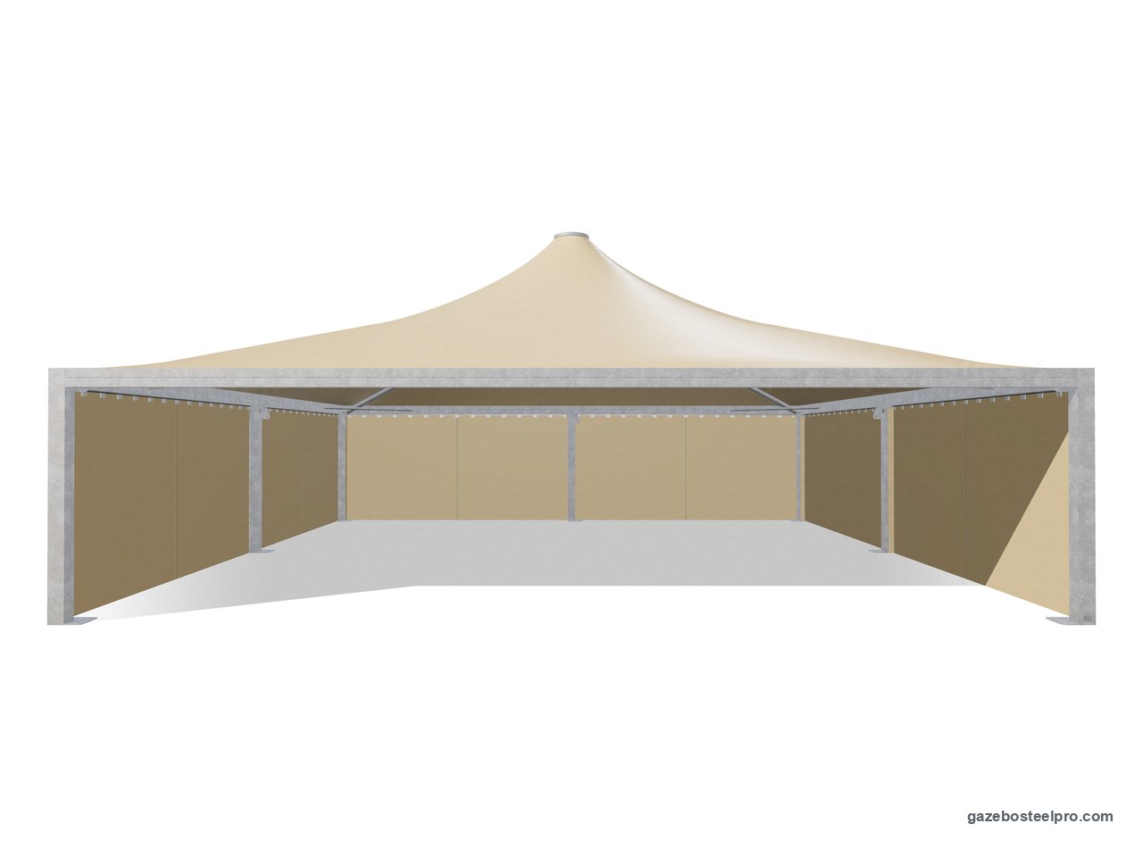 Gazebo 11x11 Airone Max Pesante con i laterali scorrevoli in PVC beige su tre lati, fronte aperto