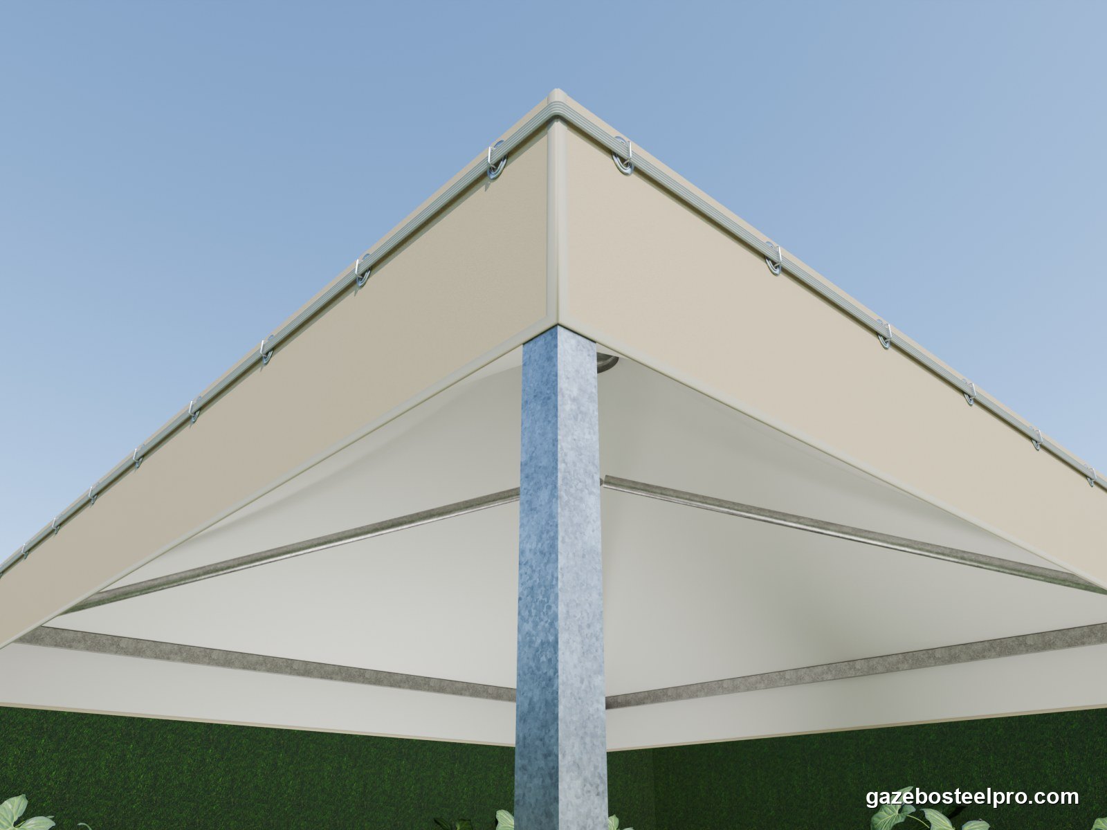 Gazebo con telo Max Cover 850 visto da sotto: il colore sta fuori, sotto il tetto è bianco