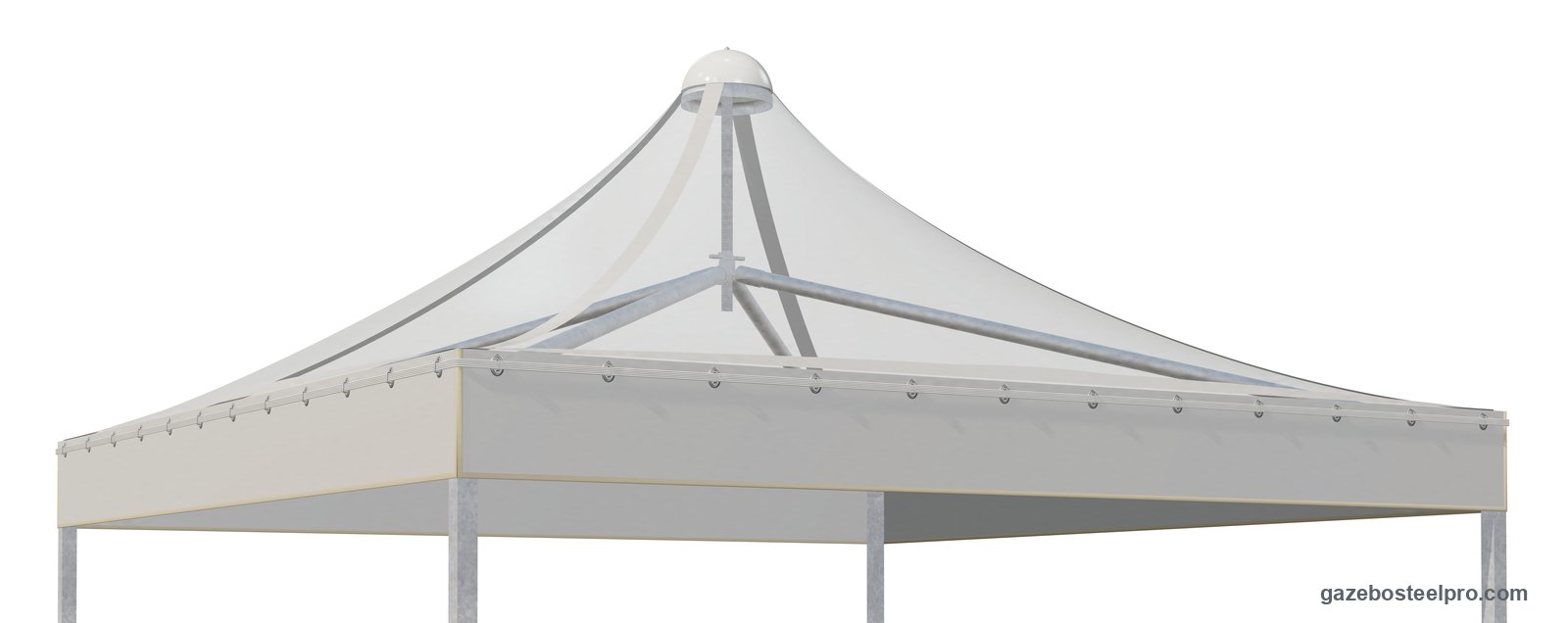 Gazebo Airone Quadro con il tetto in PVC Cristal trasparente: attraverso il telo si vedono il telaio e il cupolino, mantovana in PVC