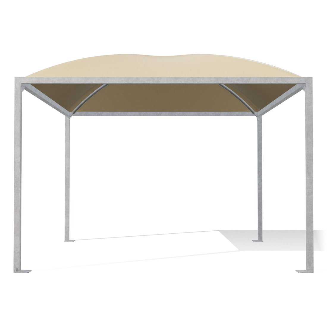 Gazebo 4x4 Cicogna Minimax di fronte: montanti 80×80 zincati e i due archi incrociati sotto il telo beige RAL 1014